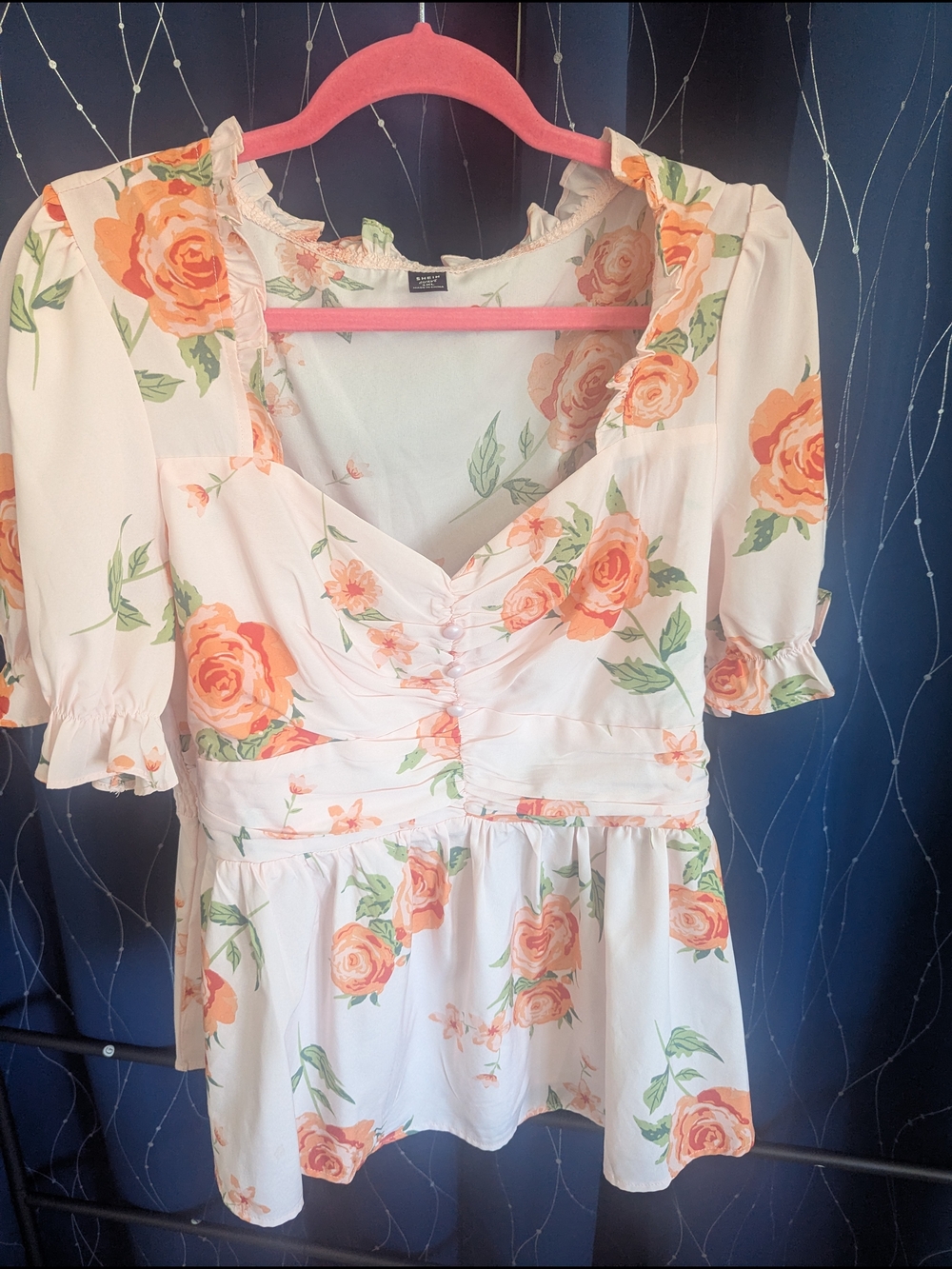 SHEIN Floral Curve Blouse in Cream, Peach & Green